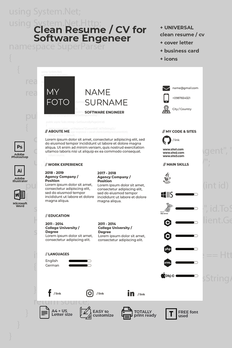 Clean CV for Software Engineer Resume Template #94949