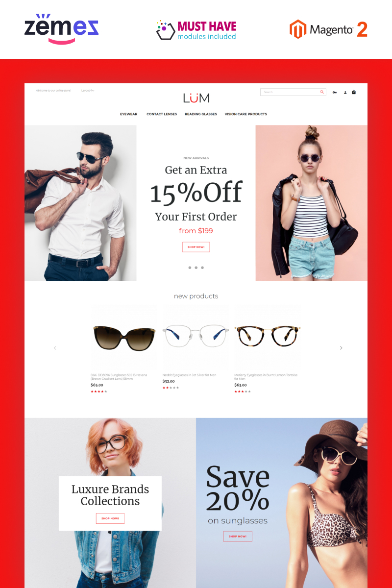Magento Theme namens "Lum - Optometry Store Template" #95507