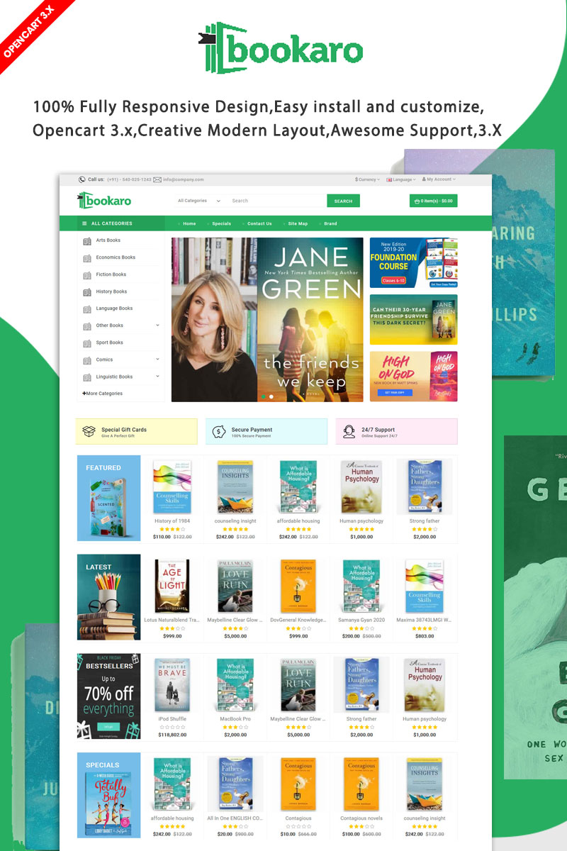 "Bookaro Online library Shop" thème OpenCart adaptatif #95952 - screenshot