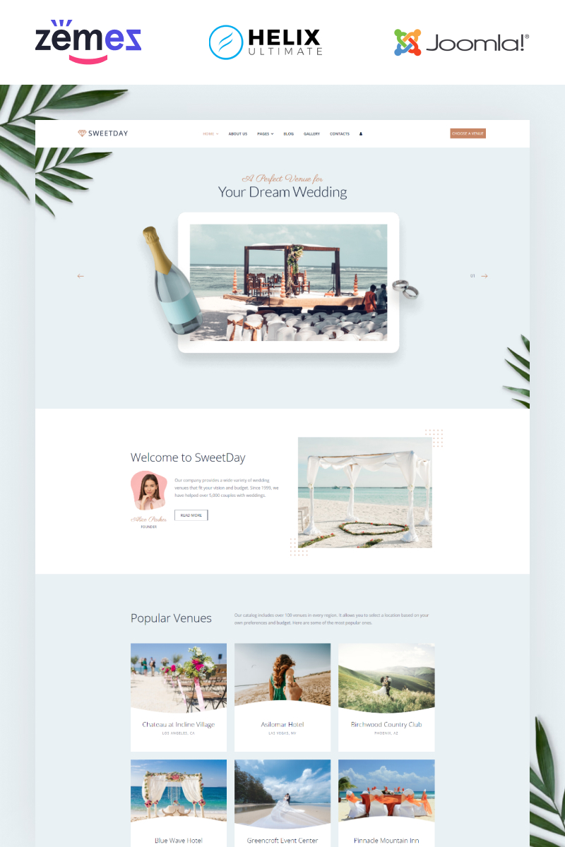 Joomla Vorlage namens "Sweetday - Wedding Venues Multipage" #95959 - Screenshot