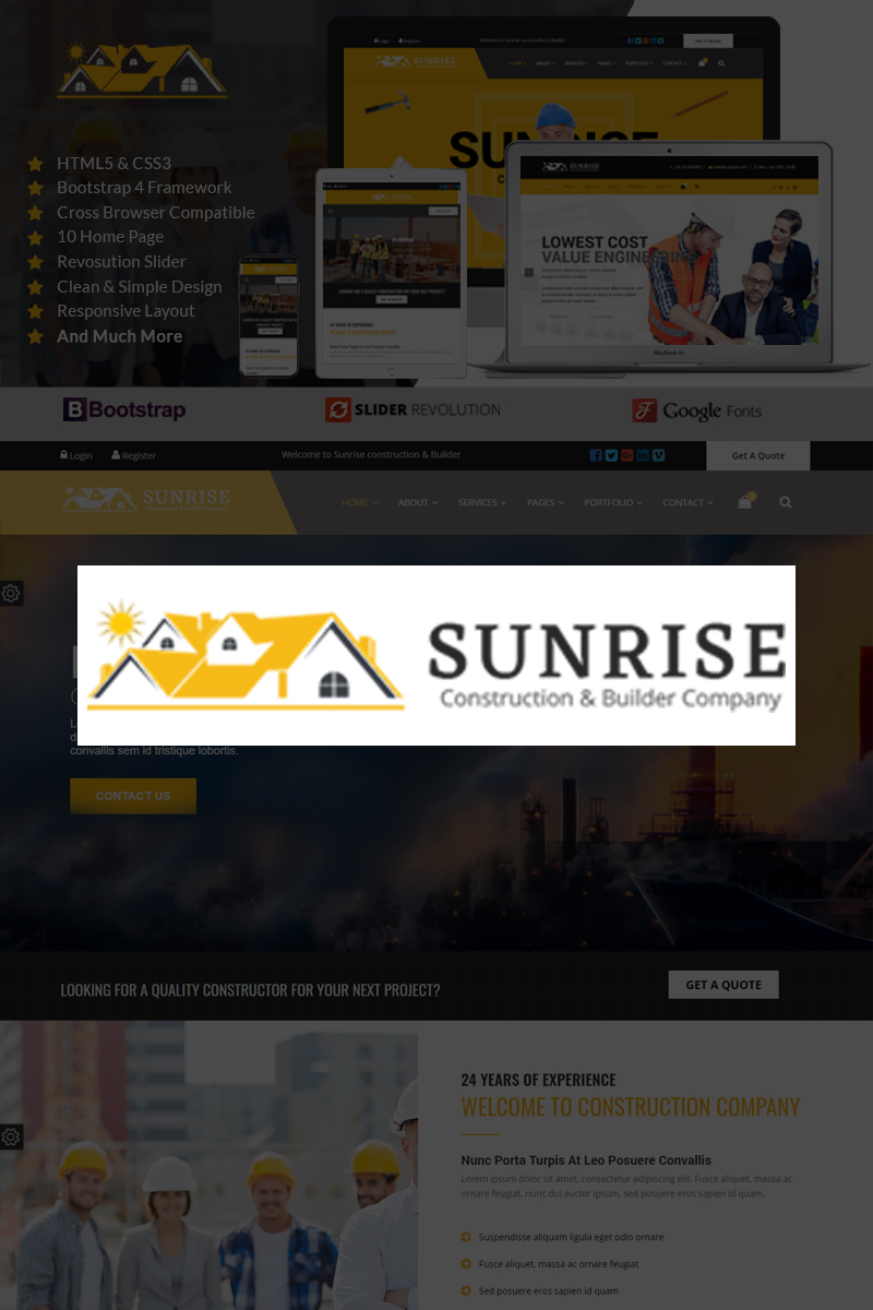 Sunrise Construction & Builder Company Responsive HTML Landing Page