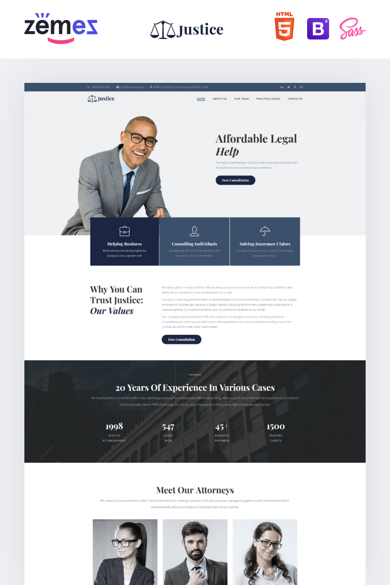 Landing Page Template namens "Justice - Legal Firm" #97285