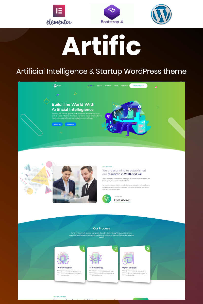 Artific - Artificial Intelligence and Startup Bootstrap Elementor WordPress Theme