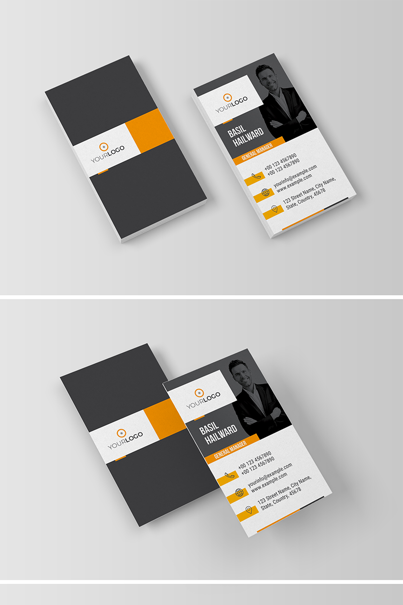Business Card Layout with Yellow and Orange Accents