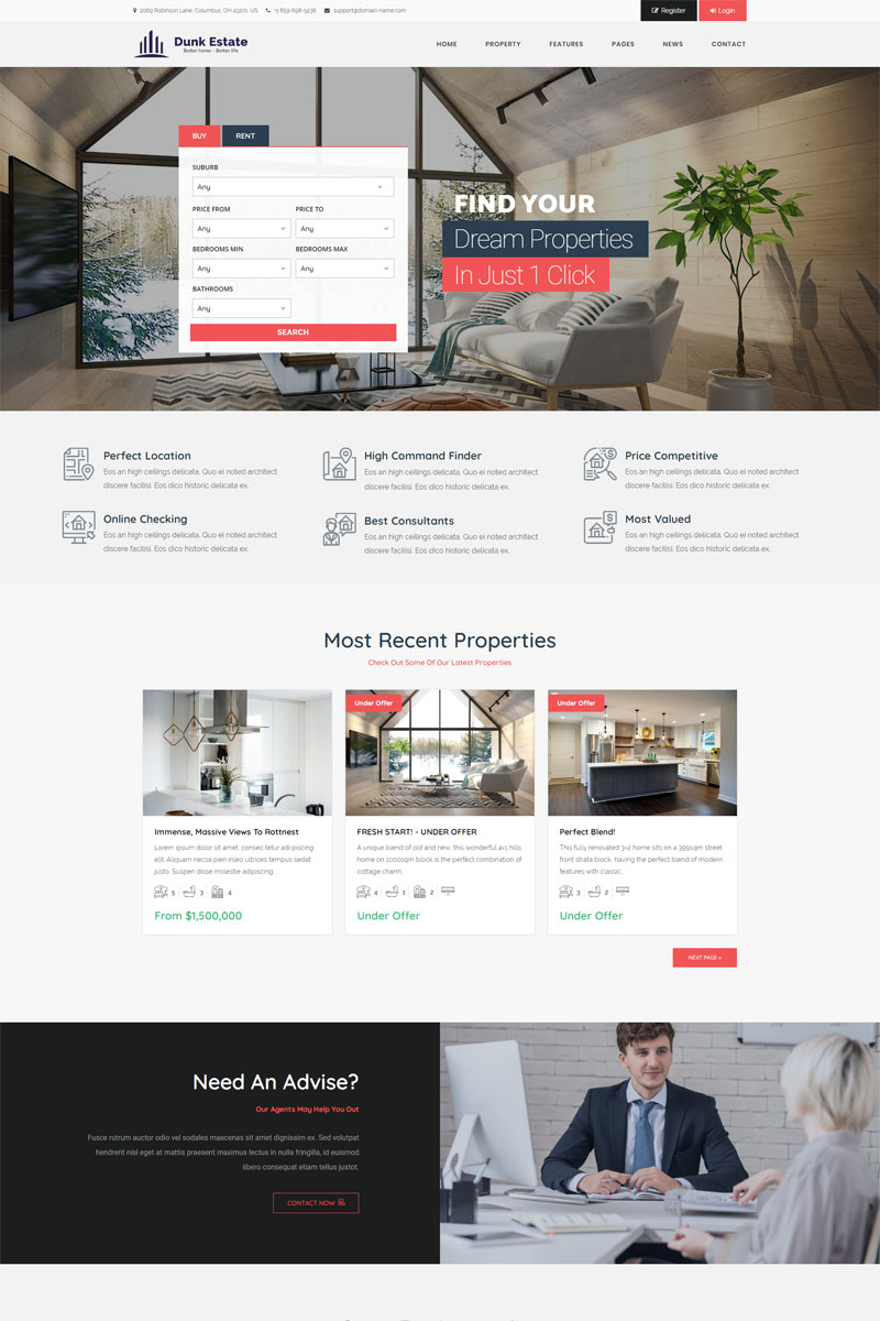 "Dunk Dynamic Real Estate" - адаптивний WordPress шаблон №98795