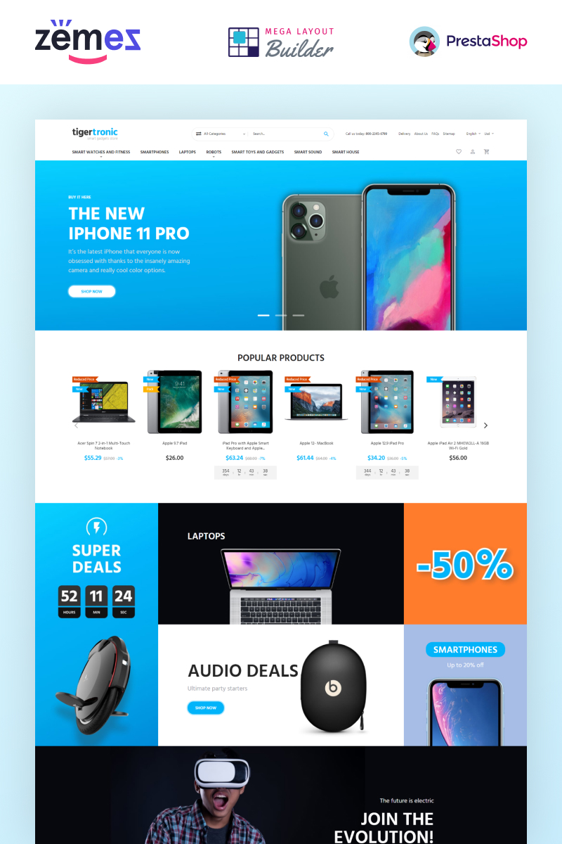 "TigerTronic - Smart Gadgets eCommerce Template" - адаптивний PrestaShop шаблон №98972