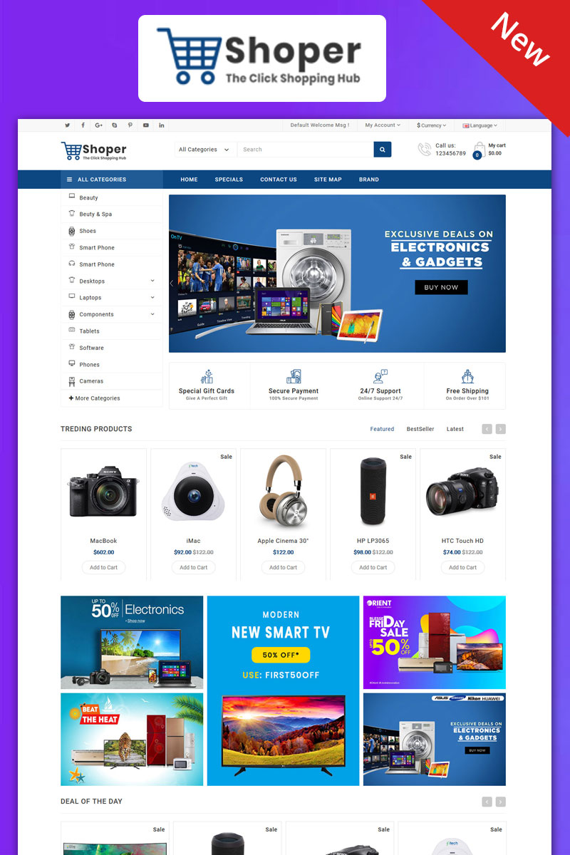 "Shopper Electronics Responsive Theme" - адаптивний OpenCart шаблон №99085