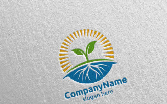 Organic Tree Leaf and Sun Design Logo Template