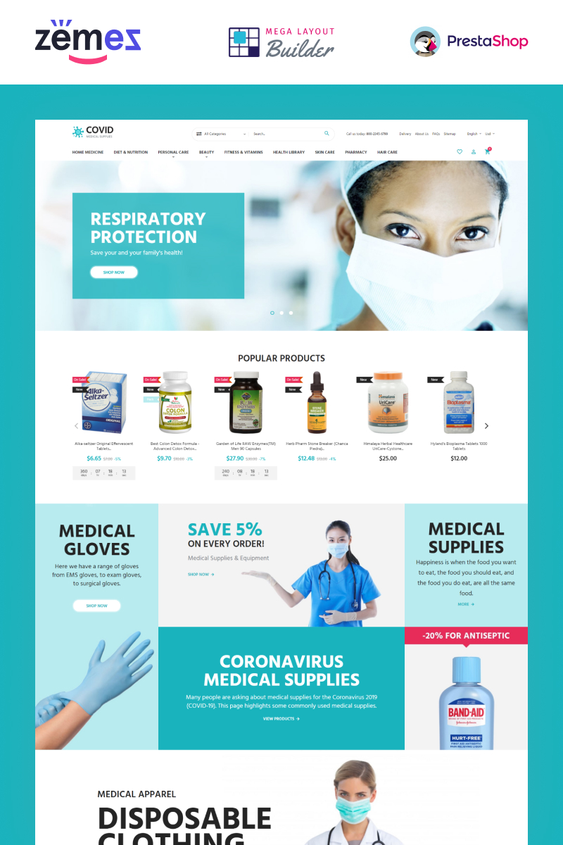"COVID - Medical Supplies eCommerce Template" thème PrestaShop adaptatif #99604