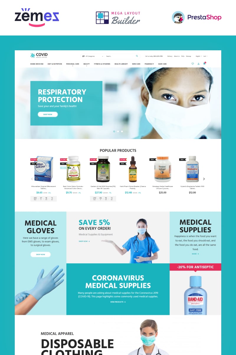 PrestaShop Theme namens "COVID - Medical Supplies eCommerce Template" #99604