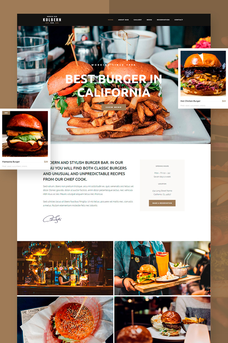 "Kolbern Burger Bar & Cafe" - адаптивний WordPress шаблон №99731