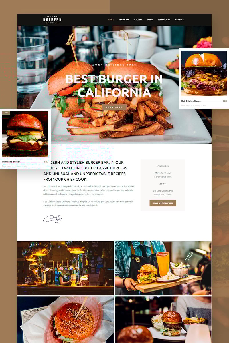 Reszponzív Kolbern Burger Bar & Cafe WordPress sablon 99731
