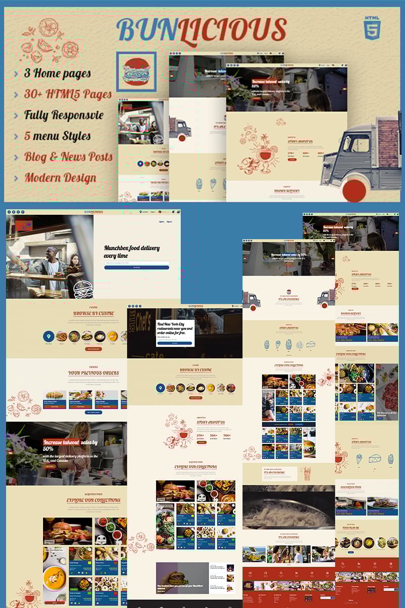 Website Vorlage namens "Bunlicious | Food truck & Restaurant HTML 5" #99726